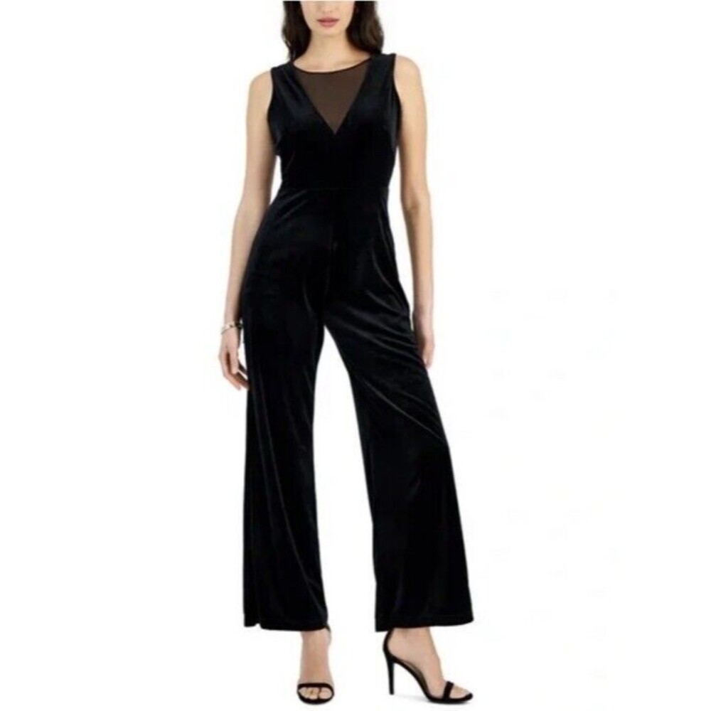 Taylor Women's Black‎ Illusion-Trimmed V-Neck Velvet Jumpsuit Size 2 Whimsy goth
